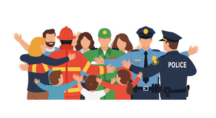 A group of diverse community helpers including a firefighter, soldier, and police officer are embraced by adults and children.