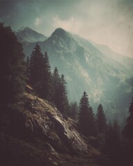 A stunning mountain landscape capturing the beauty of nature. Lush trees and rocky terrain create a serene environment. Perfect for outdoor enthusiasts and nature lovers.