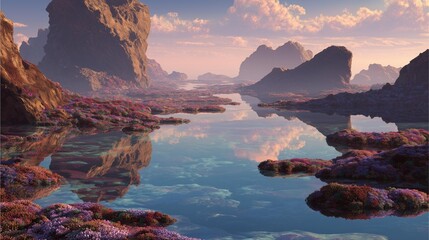 A stunning natural landscape featuring serene waters reflecting colorful skies and majestic rock formations. The quiet beauty of nature creates a perfect escape for contemplation.