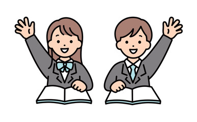 授業中に挙手をする男女の学生のイラスト素材