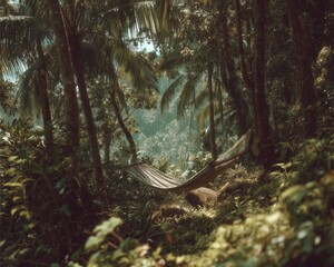A tranquil hammock nestled between lush trees, surrounded by vibrant greenery. Ideal for relaxation and escape into nature, this serene setting invites peace and tranquility.
