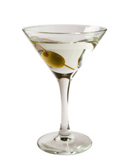 A classic martini cocktail served in a stylish glass, featuring green olives on a skewer.
