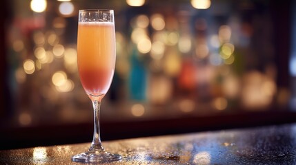 A refreshing Bellini cocktail sits elegantly in a tall glass, showcasing its peach and sparkling tones. A warm, inviting bar atmosphere highlights its vibrant allure during an evening out