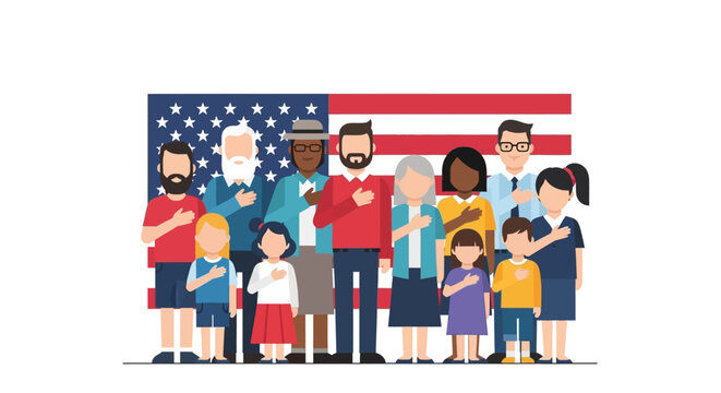 Diverse group of people standing together, pledging allegiance to the American flag.