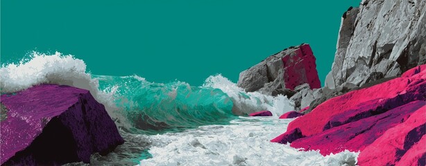 A vibrant coastal scene showcasing crashing waves against colorful rocks