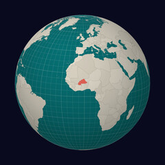 Burkina Faso on the map. Globe centered to Burkina Faso. Country location on the world map. Teal Pale Mint color palette. Globe with countries, meridians and parallels. Vibrant vector illustration.