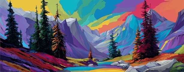 A vibrant landscape featuring colorful mountains and a serene river. The bright hues evoke a sense of peace and adventure, perfect for inspiring nature lovers and art enthusiasts.