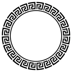 Classic Greek key meander pattern in a circular round frame. Clean black and white vector graphic illustration, an ancient decorative border element