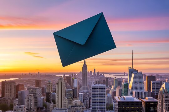 Dramatic floating envelope over New York City skyline at sunset, symbolizing communication and delivery
