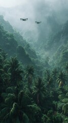 Aerial view of a lush green forest with fog and mist. Two drones fly above the dense treetops, showcasing the beauty and vastness of nature's landscape.