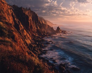 Breathtaking coastal cliffs bathed in golden sunlight create a serene atmosphere, where ocean waves gently lap against rocky shores under a dramatic sky.