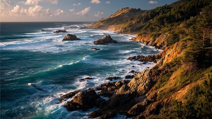 Breathtaking view of a rocky coastline, waves crashing against the shore, under a golden sunset