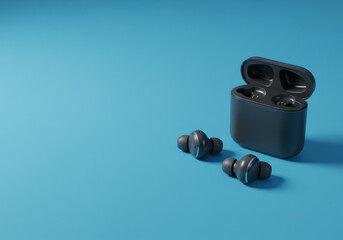 Modern Wireless Earbuds with Charging Case on Blue Background