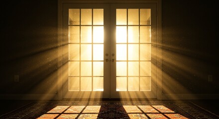 Sunlight streams through glass paneled doors, illuminating dust motes in a dimly lit room. A carpet catches the sun's rays on the floor.
