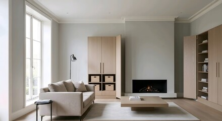 A minimalist living room with a white couch, coffee table, and fireplace, featuring light-colored wood accents and a large window, serene atmosphere, AI Generated.