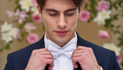 Young groom adjusting white bow tie before wedding ceremony, standing against a floral background with a calm and focused expression.