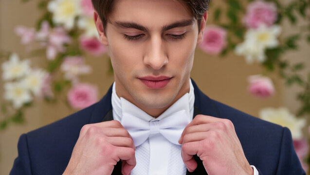 Young groom adjusting white bow tie before wedding ceremony, standing against a floral background with a calm and focused expression.