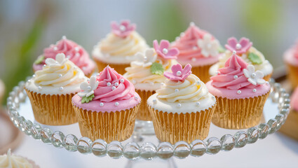 Decorative cupcakes with pink and white frosting, edible flowers, and pearls arranged on a glass stand for a festive celebration or wedding.