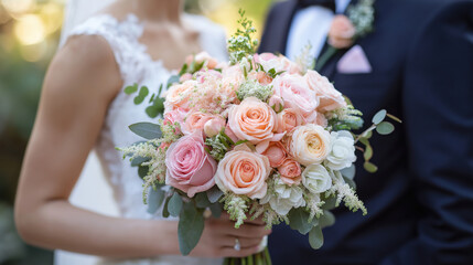 Bride holding romantic pastel bouquet of roses and greenery next to groom in dark suit during outdoor wedding ceremony