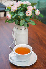 Hot tea on the dining table during lunch