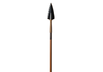 A pointed, dark flint spearhead mounted on a light brown wooden shaft.