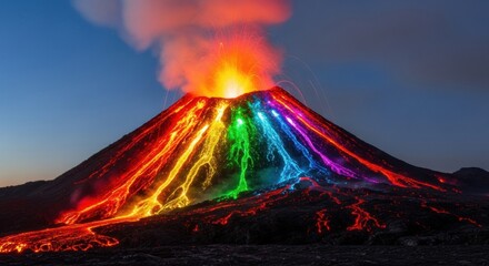 Witness a spectacular rainbow lava flow erupting from a majestic volcano under a clear night sky