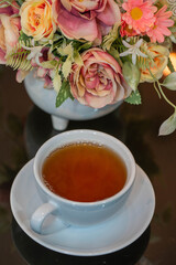 Hot tea on the dining table during lunch