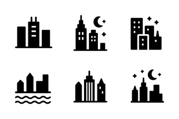 Obraz premium Urban skyline icons: minimalist black silhouette cityscape with night elements
