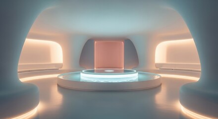 Futuristic futuristic interior design with glowing pod and futuristic seating