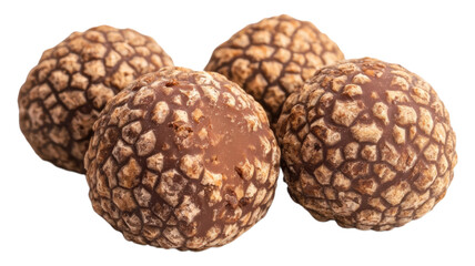 Delicious chocolate-coated snacks with a textured surface arranged on a white background