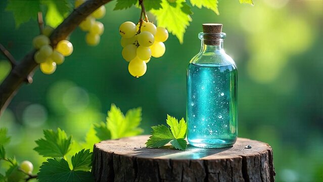 A mystical teal elixir rests on a weathered tree stump, bathed in sunlight, beside a cluster of sunlit grapes hanging from a vine in a tranquil garden setting.