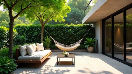 Fototapeta premium Serene Patio Oasis Wooden Daybed, Hammock, Lush Greenery, and Modern Architectural Design Elements Create a Peaceful Relaxation Space