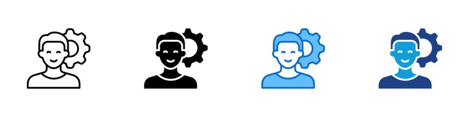 Customer Support Sheet Multiple Style Icon Vector Design - Smiling person with gear, symbolizing customer support, service efficiency, or personalized help