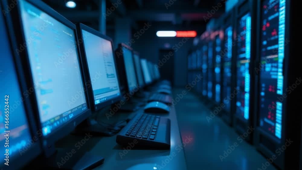 Poster row of computer monitors on desks or tables
