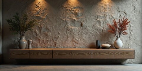 Serene Minimalist Interior Design Featuring a Rustic Wooden Media Console Against a Textured Wall with Elegant Vases and Dried Floral Arrangements