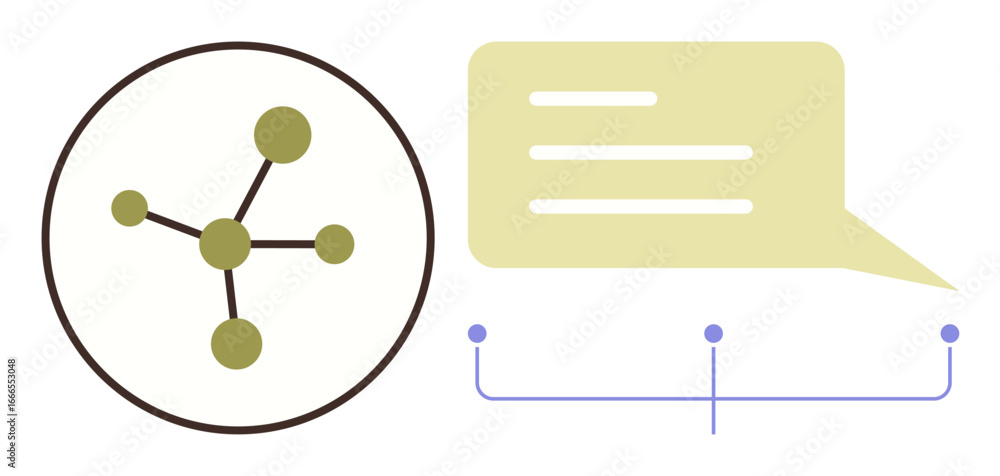 Leinwandbilder nodes connected in a network, linked to a speech bubble with text lines and brackets. ideal for comm