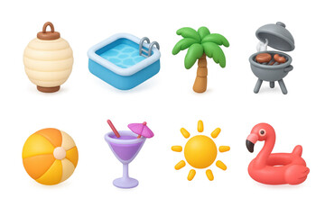 3d summer fun icons set: tropical vibes, beach, and poolside essentials