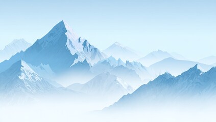 Misty mountain range, soft blue tones.  Peak in foreground