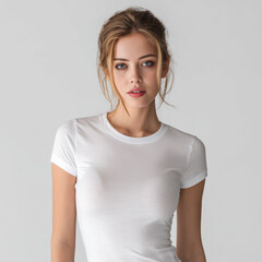 Obraz premium Against a bright white backdrop, a blonde woman models a blank white t-shirt, ideal for fashion templates and print-on-demand use.