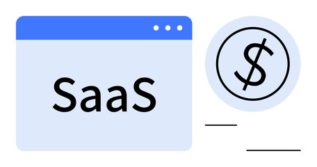Web window labeled SaaS next to a dollar symbol representing monetization. Ideal for technology, finance, subscription, software, sales strategy, cloud solutions, simple flat metaphor