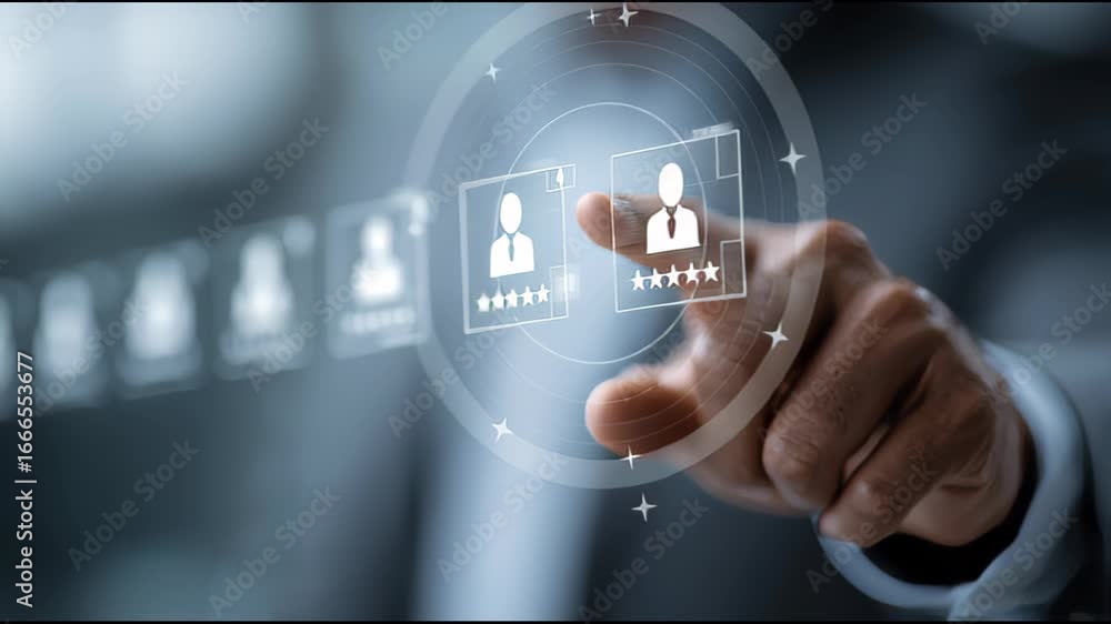 Poster human resources selection process: a close-up shot of a hand interacting with a modern interface, sh