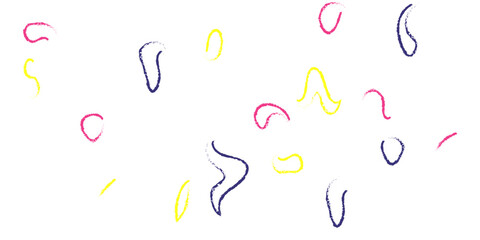 A playful and abstract background featuring scattered, colorful hand-drawn lines and curves in shades of pink, yellow, and blue, creating a whimsical and chaotic pattern on a clean white background.