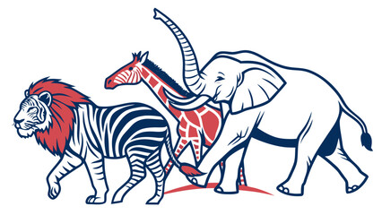 Obraz premium Stylized illustration of a lion zebra giraffe and elephant in a row with red and blue accents