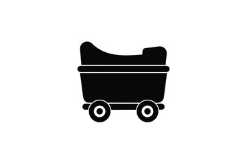 A black silhouette of a baby carriage on wheels against a white background