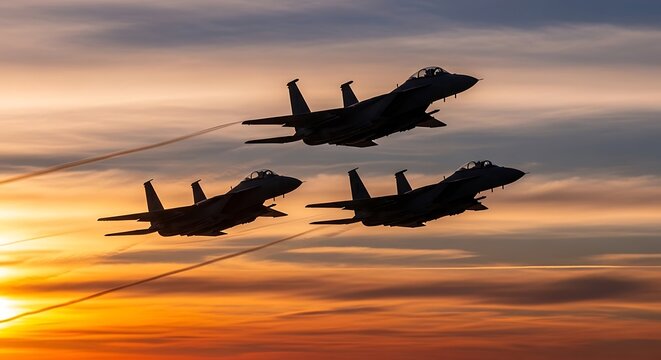 Silhouettes of three jets at sunset