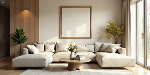 Serene Minimalist Living Room Interior Design Featuring a Neutral-Toned Sectional Sofa and a Large Wooden Frame