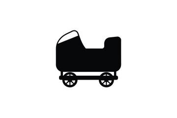 a black silhouette of a baby carriage on wheels against a white background