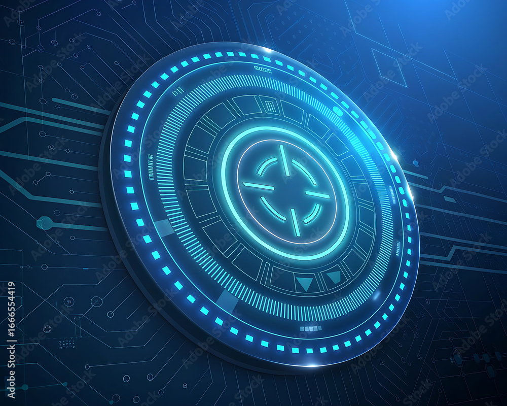 Poster digital design concept: futuristic time is money interface with a blue clock and tech symbols on a b