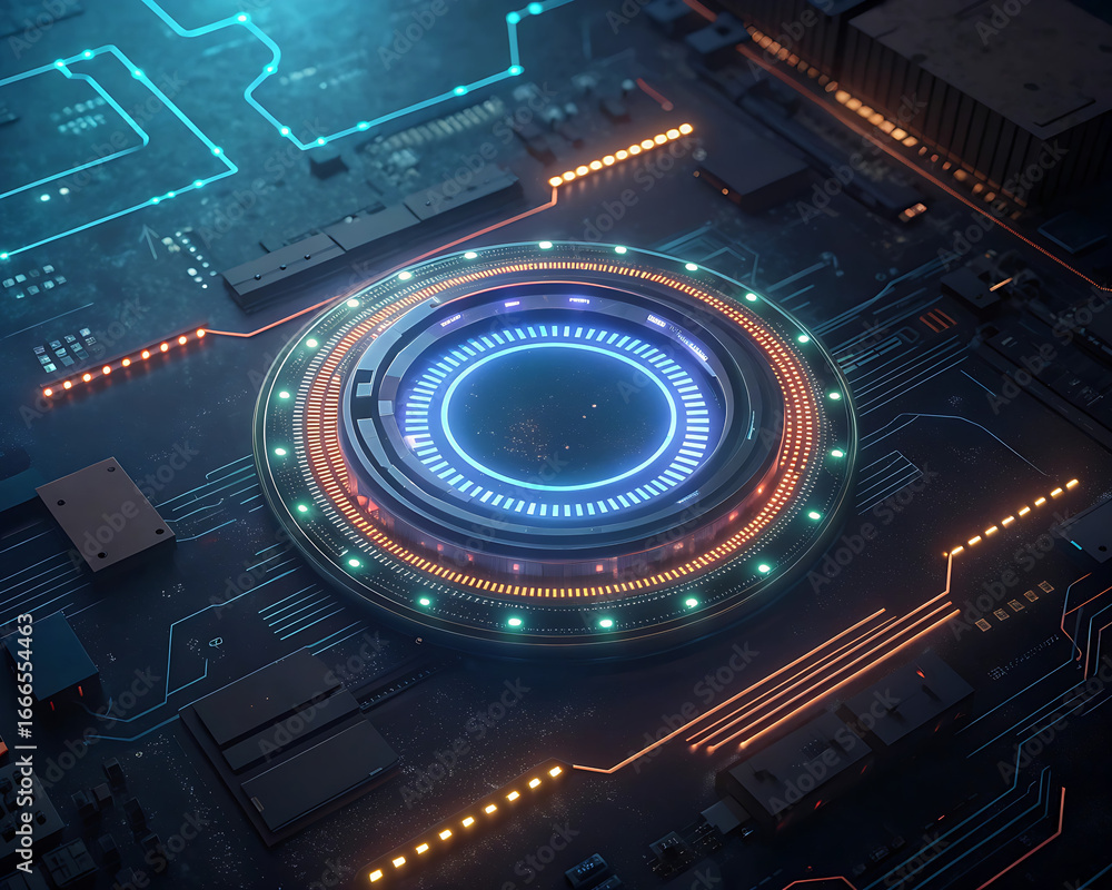 Poster futuristic blue electronic circuit board with a digital data processor chip design