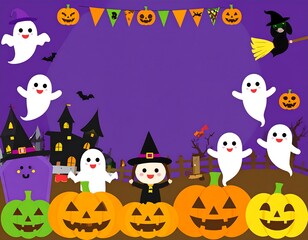 Halloween cartoon illustration with ghosts, pumpkins, and witch